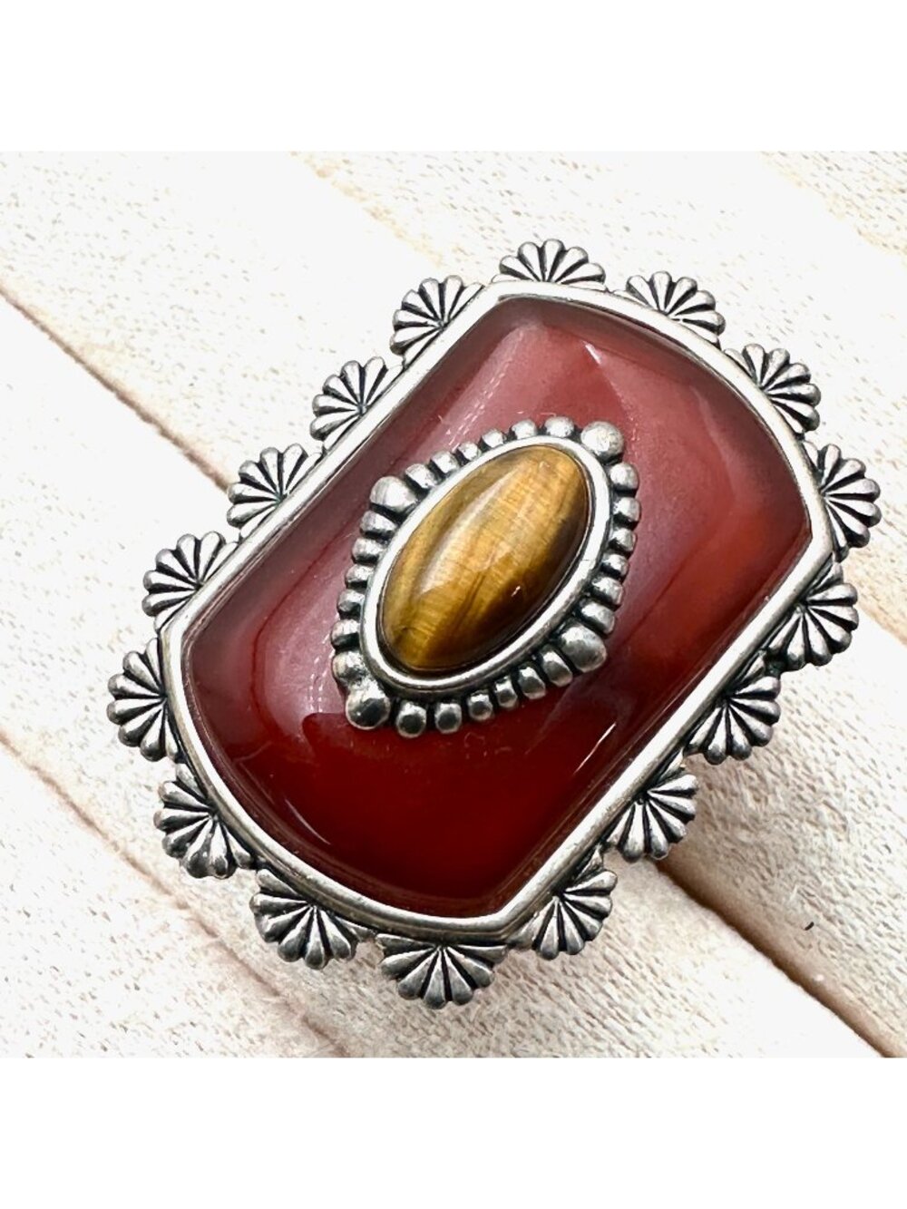 Carolyn Pollack Relios Red Carnelian Tigers Eye Sterling Silver Ring Size 6